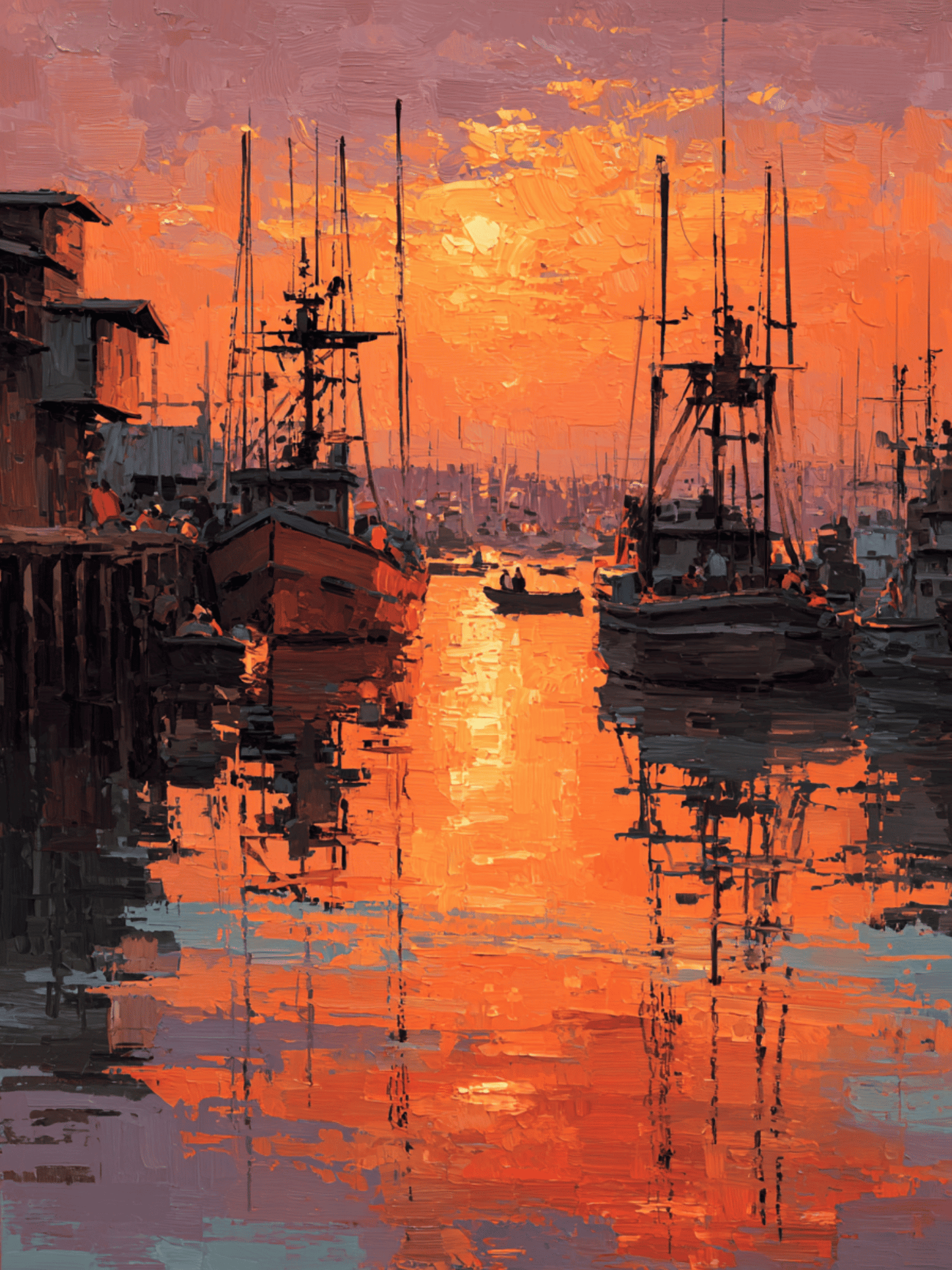 Harbor sunset reflection painting