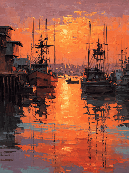 Harbor sunset reflection painting