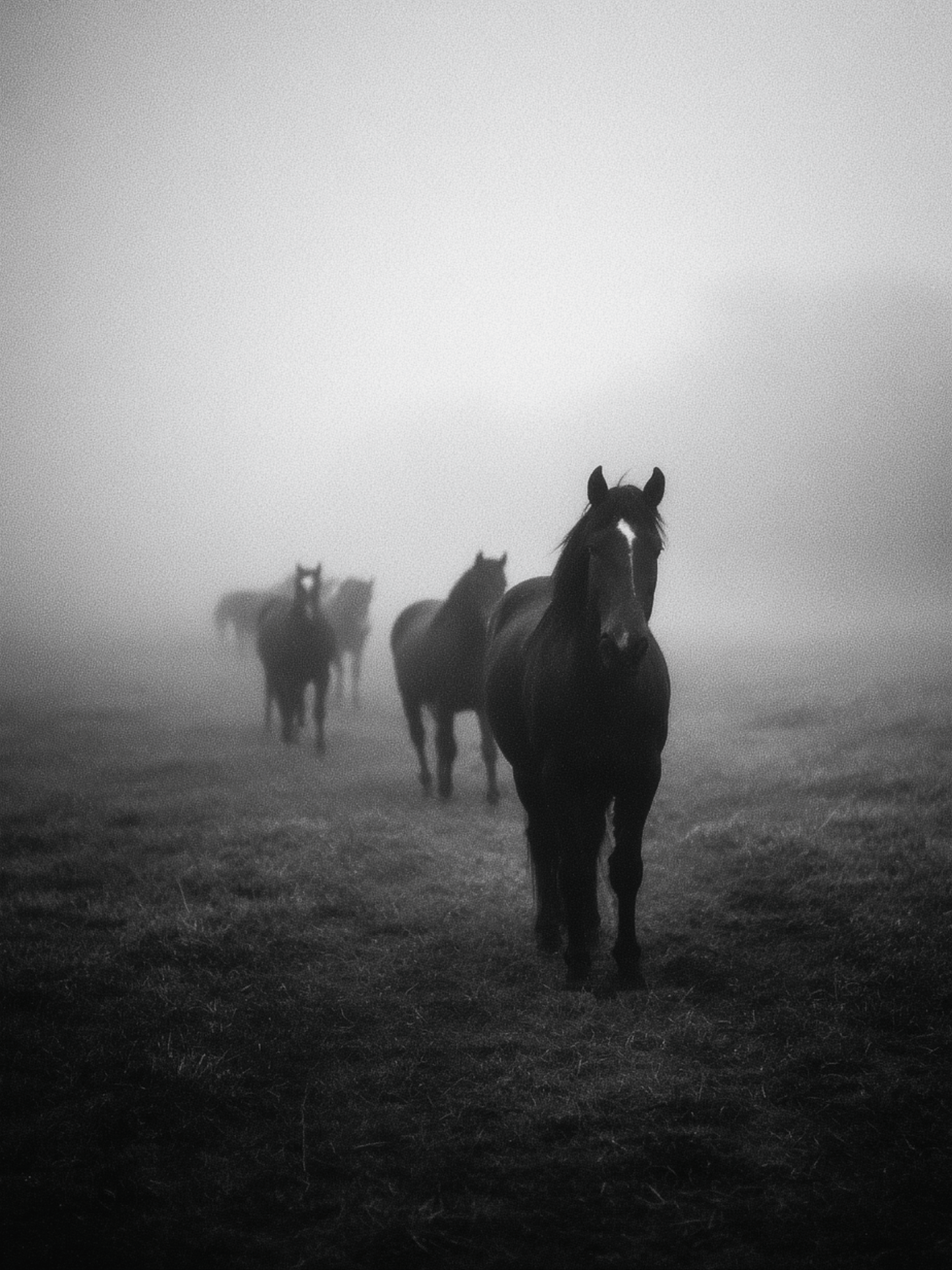 Horses in the mist black and white