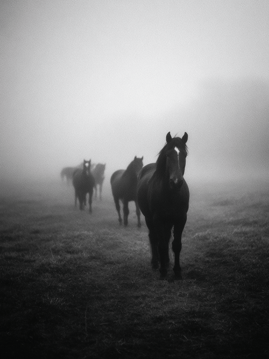 Horses in the mist black and white