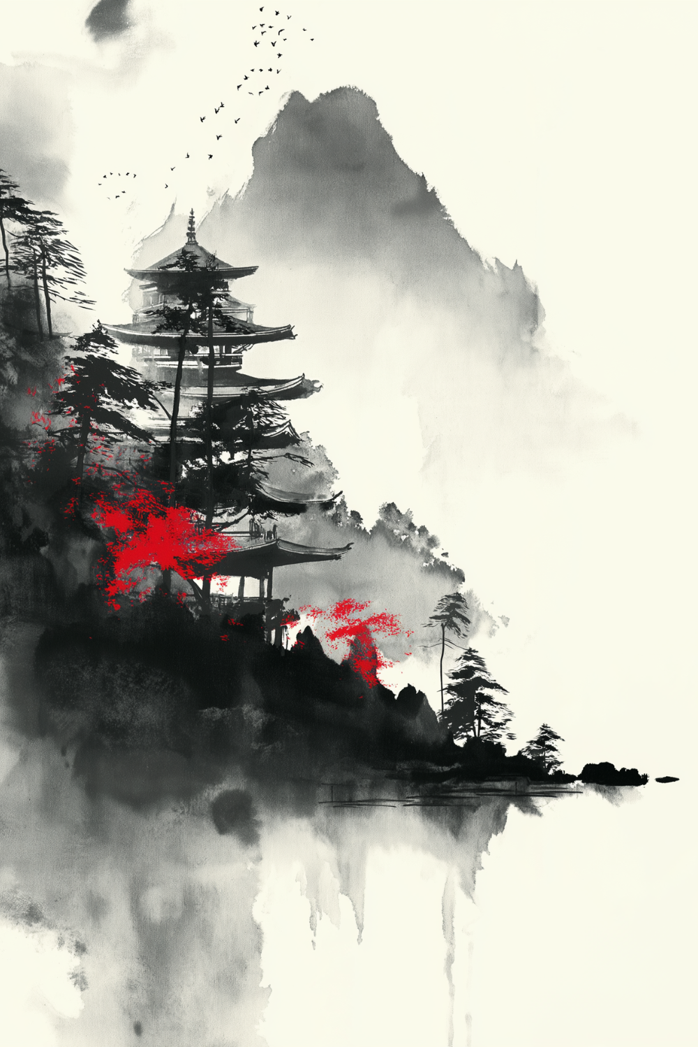 Japanese mountain temple in sumi-e ink style with red foliage