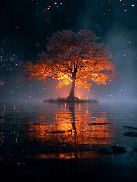 Lone fiery tree glowing over still water
