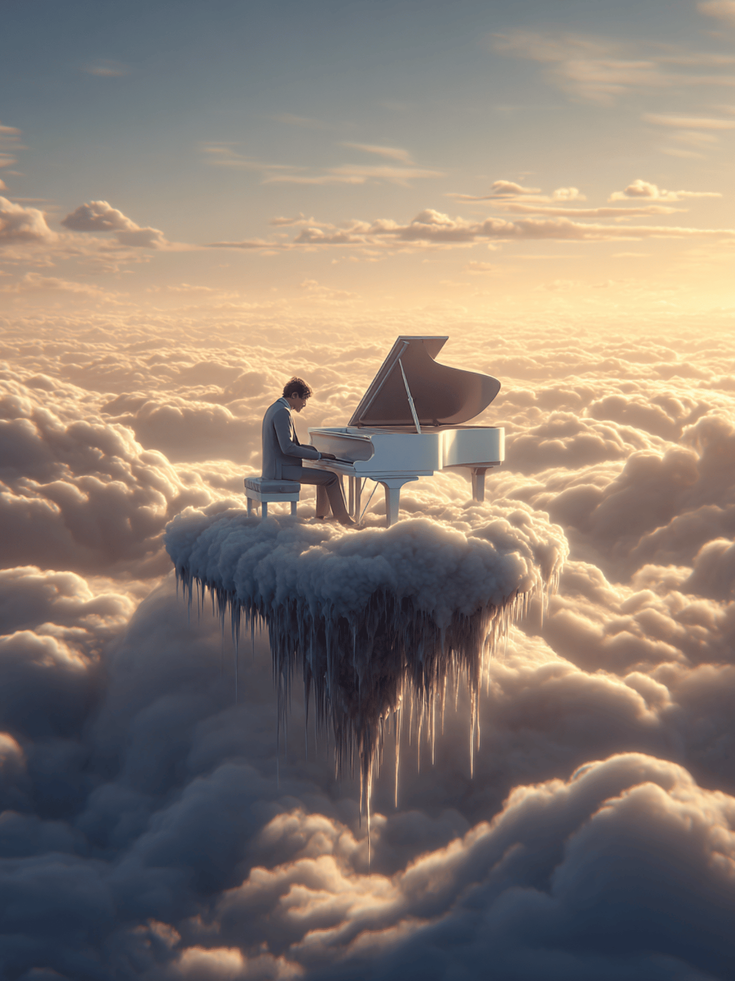 Man playing piano on floating cloud