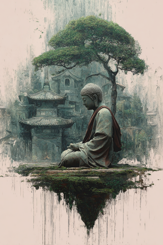 Meditating Buddha statue in ancient floating temple garden