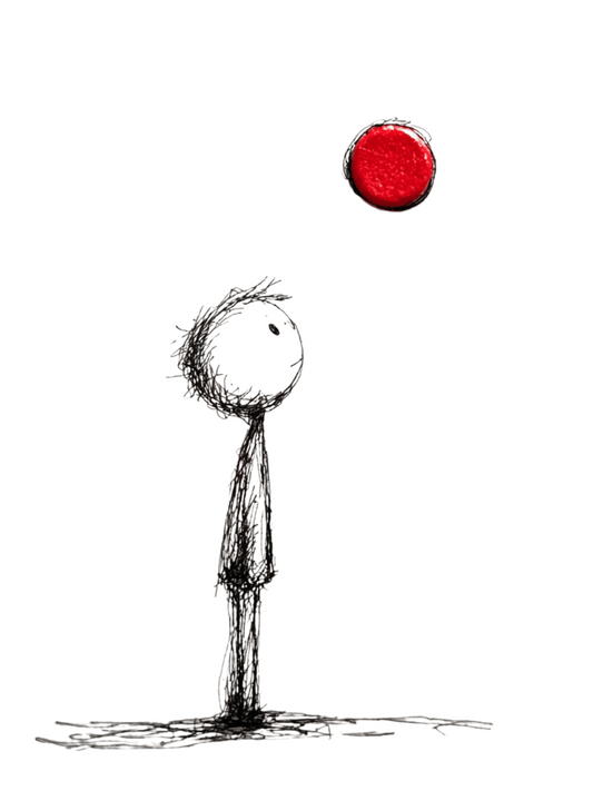Minimalist sketch of curious figure with red dot