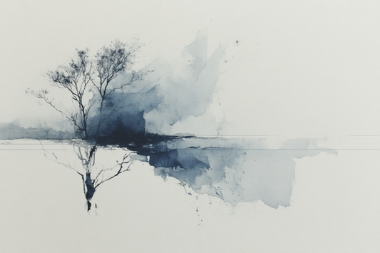 Minimalist tree reflection in abstract watercolor landscape