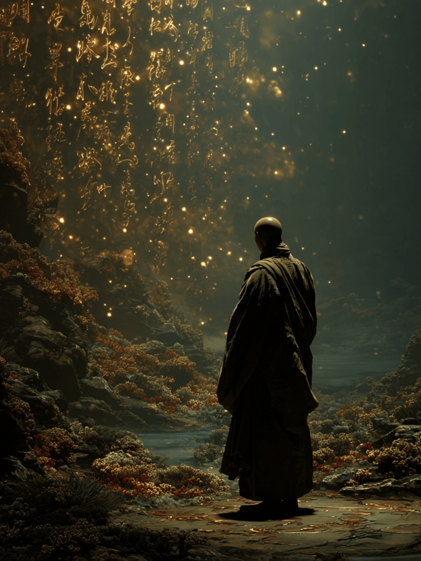 Monk beneath golden scripture light