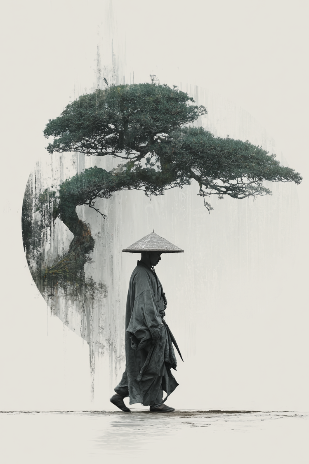 Monk walking past bonsai in Zen ink circle