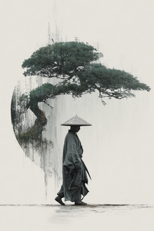Monk walking past bonsai in Zen ink circle