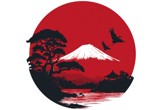 Mount Fuji landscape with red sun and cranes