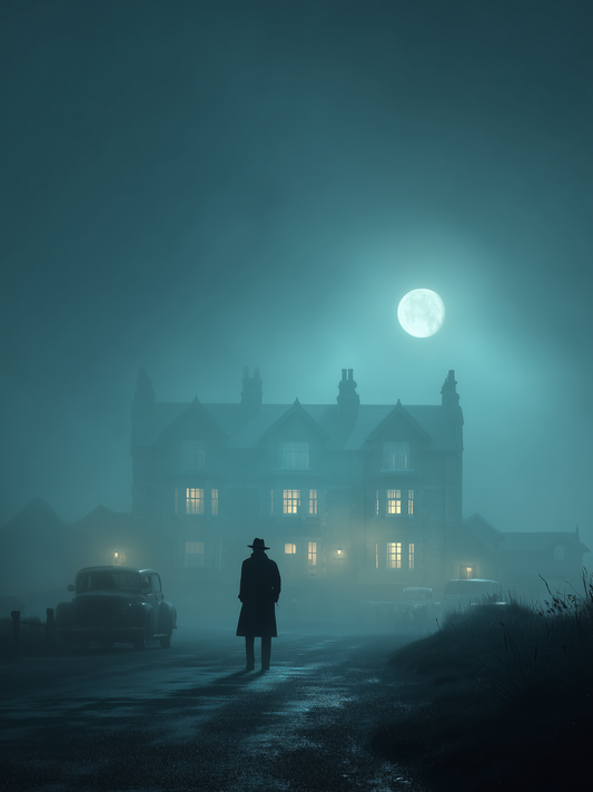 Mysterious man under moonlight approaching foggy mansion
