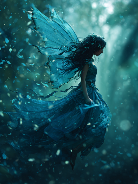 Mystical fairy in flowing dress flying through enchanted forest