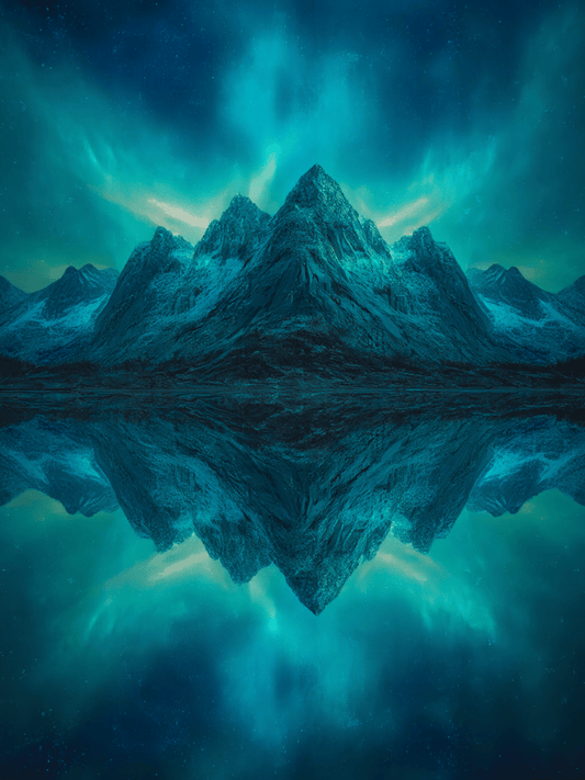 Northern mountains reflected under aurora sky