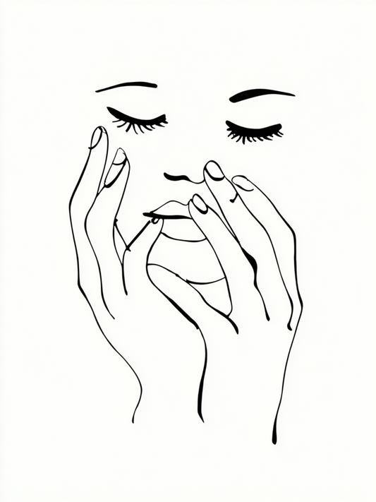 Peaceful face with delicate hands line art