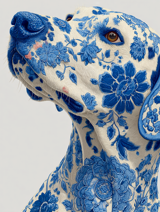 Porcelain dog with blue floral patterns