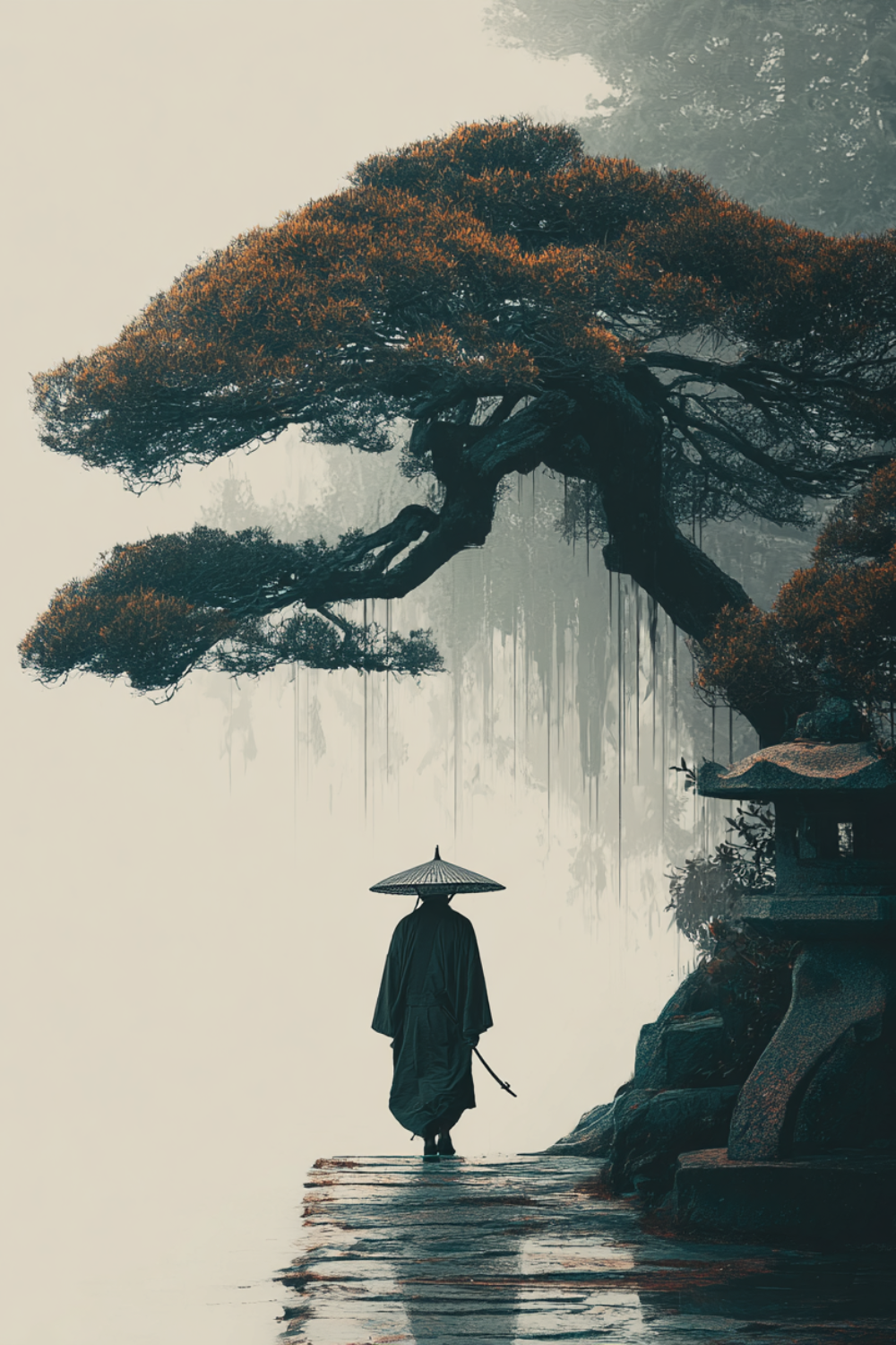 Samurai walking under ancient tree on misty path