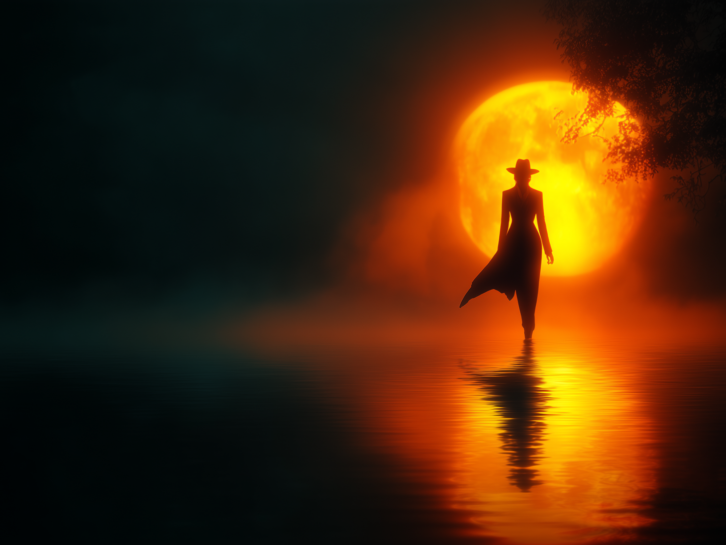 Silhouette woman walking toward moon