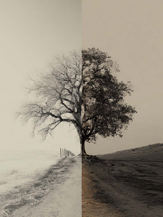Split tree artwork showing contrast of seasons and tones