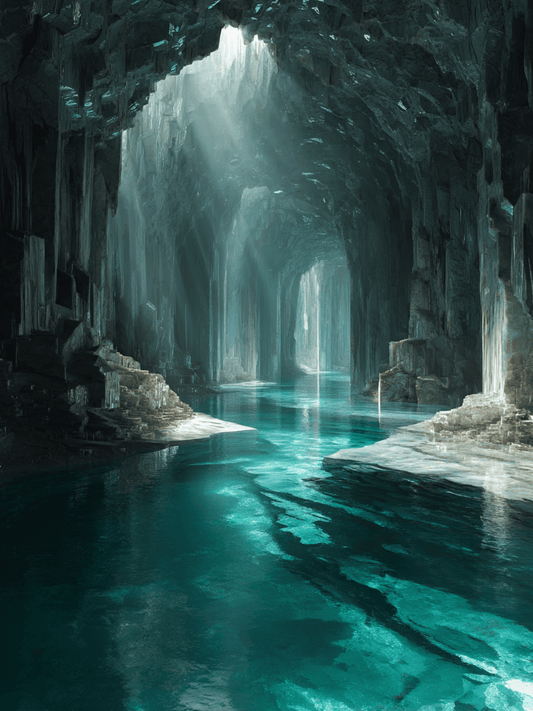 Sunlight through crystal cave over turquoise water