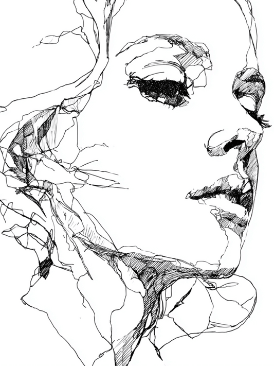 Surreal fragmented portrait in ink lines