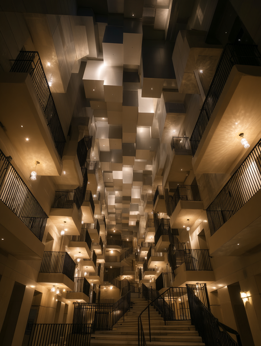 Surreal geometric interior with glowing balconies