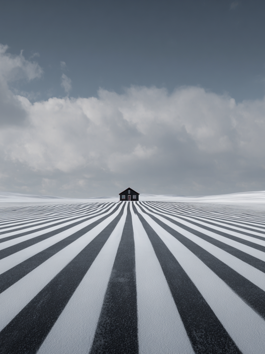 Surreal house on striped snowy field under cloudy sky