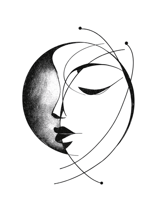 Surreal moon face with celestial lines