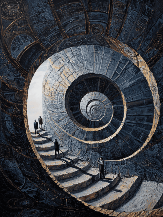 Surreal spiral staircase with faceless figures