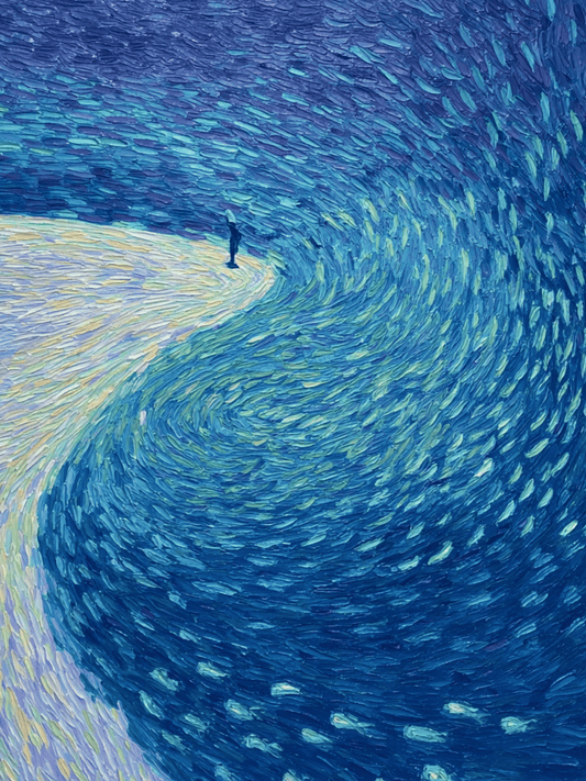 Swirling ocean of light with lone figure in blue