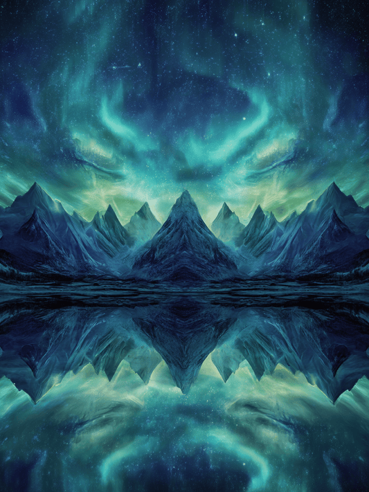 Symmetrical mountains beneath glowing aurora sky