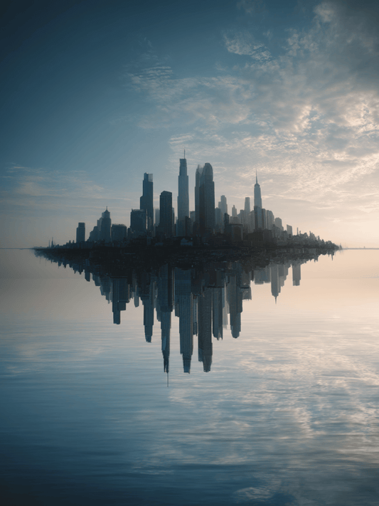Symmetrical skyline reflected on calm water
