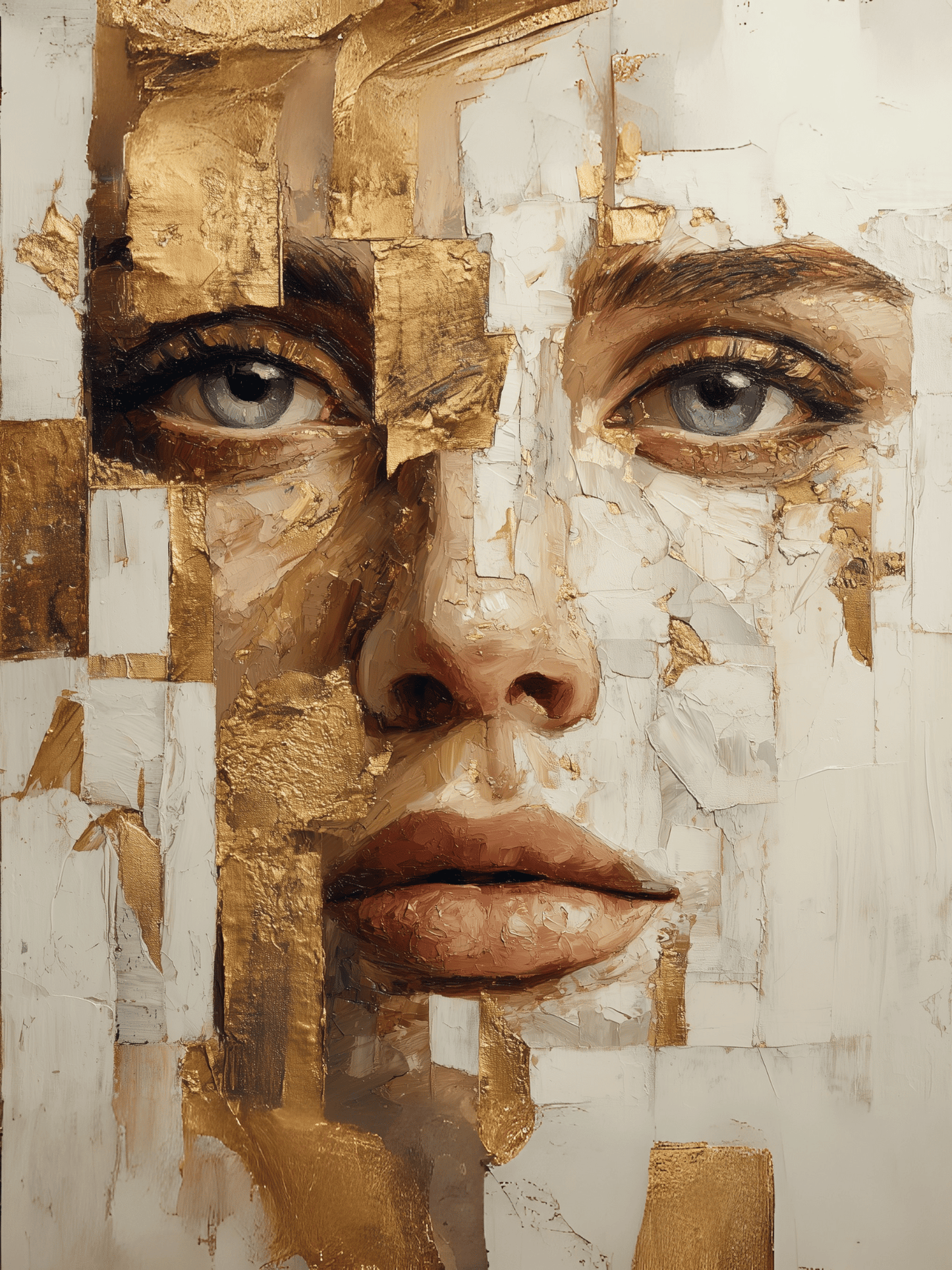 Textured abstract female portrait with gold leaf details