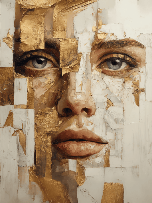 Textured abstract female portrait with gold leaf details