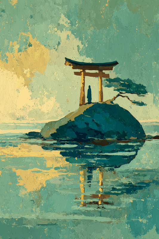 Torii gate on ocean rock with sunset reflection painting