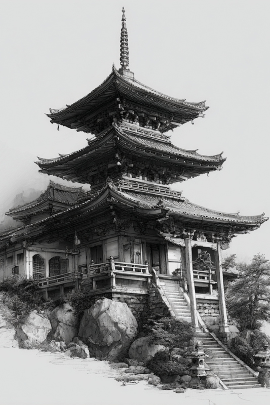 Traditional Japanese pagoda temple in ink sketch style