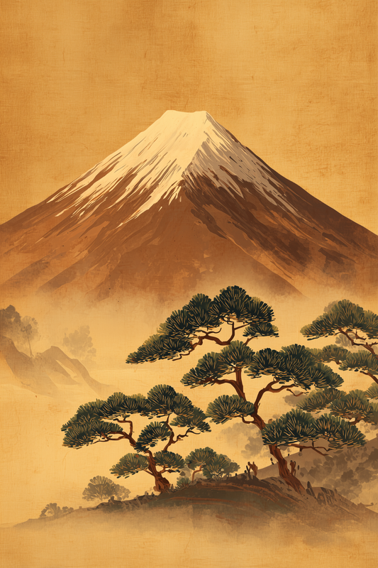 Traditional Japanese painting of Mount Fuji and pine trees