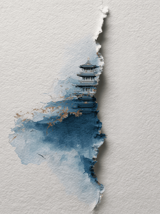 Tranquil pagoda in indigo ink
