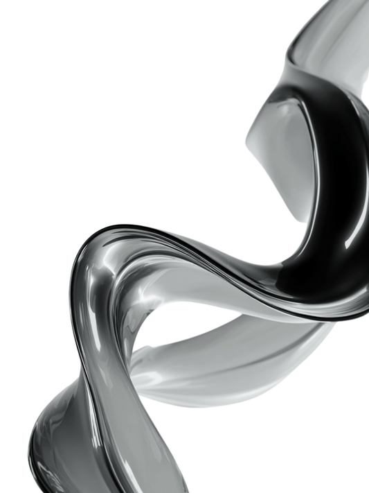 Twisting black and silver fluid form on light background