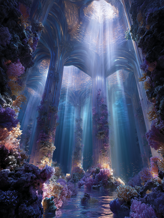 Underwater cathedral with glowing coral pillars