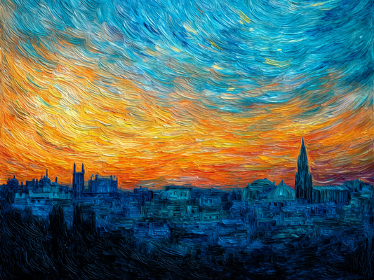 Vibrant cityscape at sunset with swirling sky