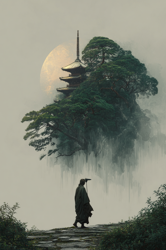 Wandering monk approaching mountain pagoda at sunrise