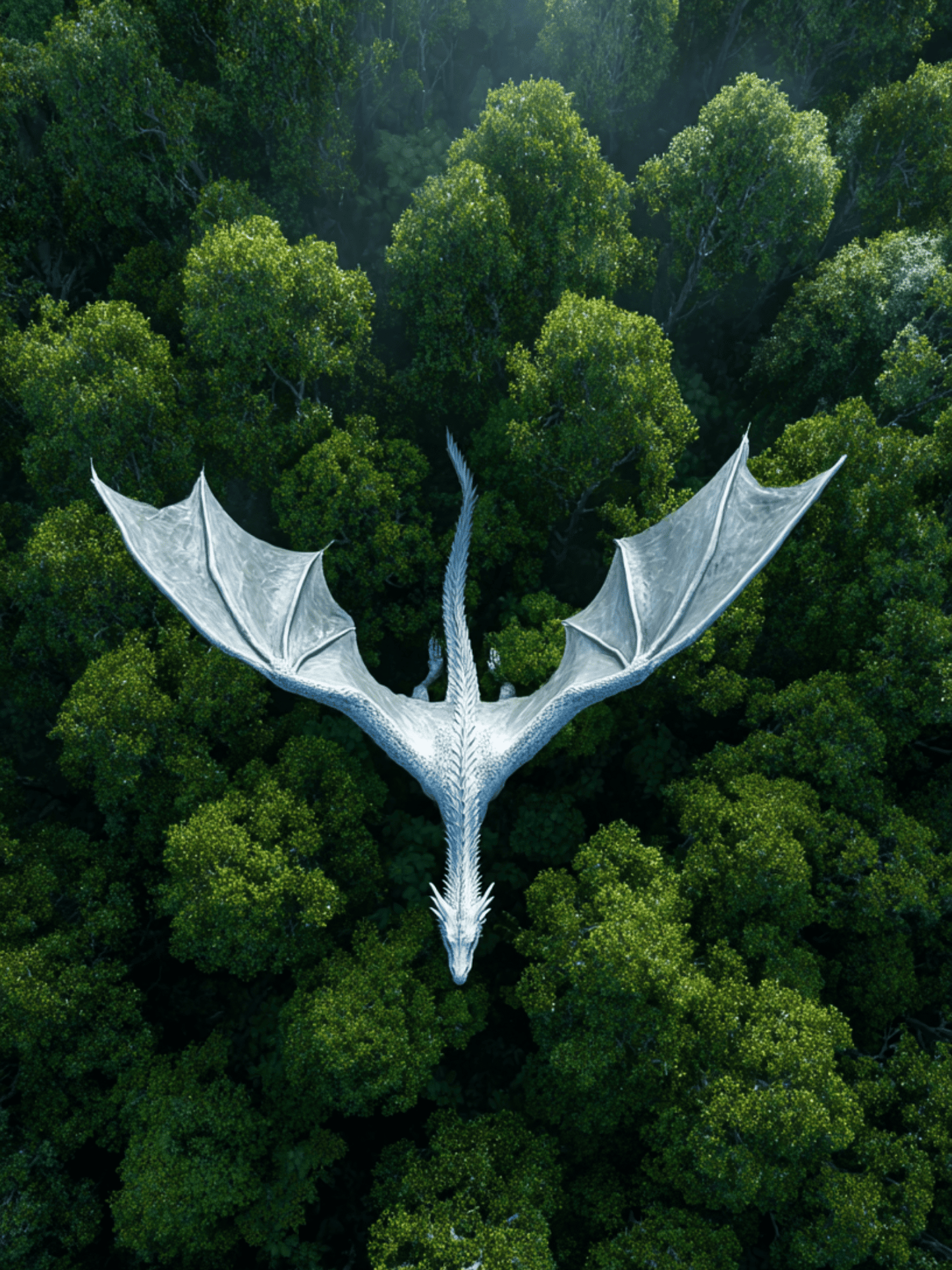 White dragon flying above forest canopy