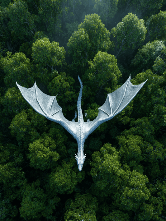 White dragon flying above forest canopy