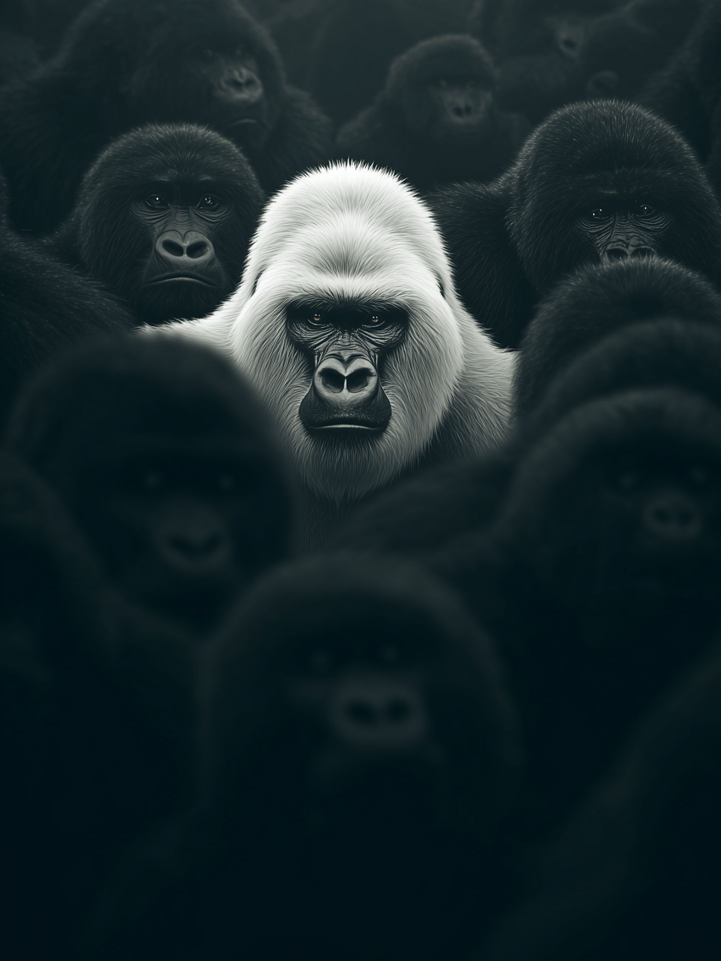 White gorilla standing out in a crowd of black gorillas