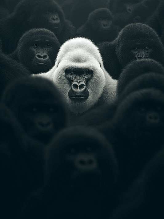 White gorilla standing out in a crowd of black gorillas