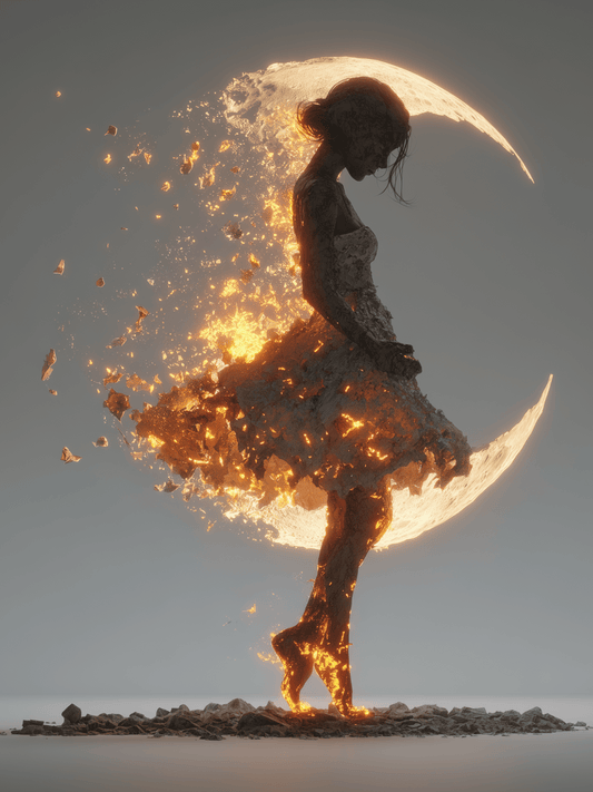 Woman dissolving into flames in front of crescent moon