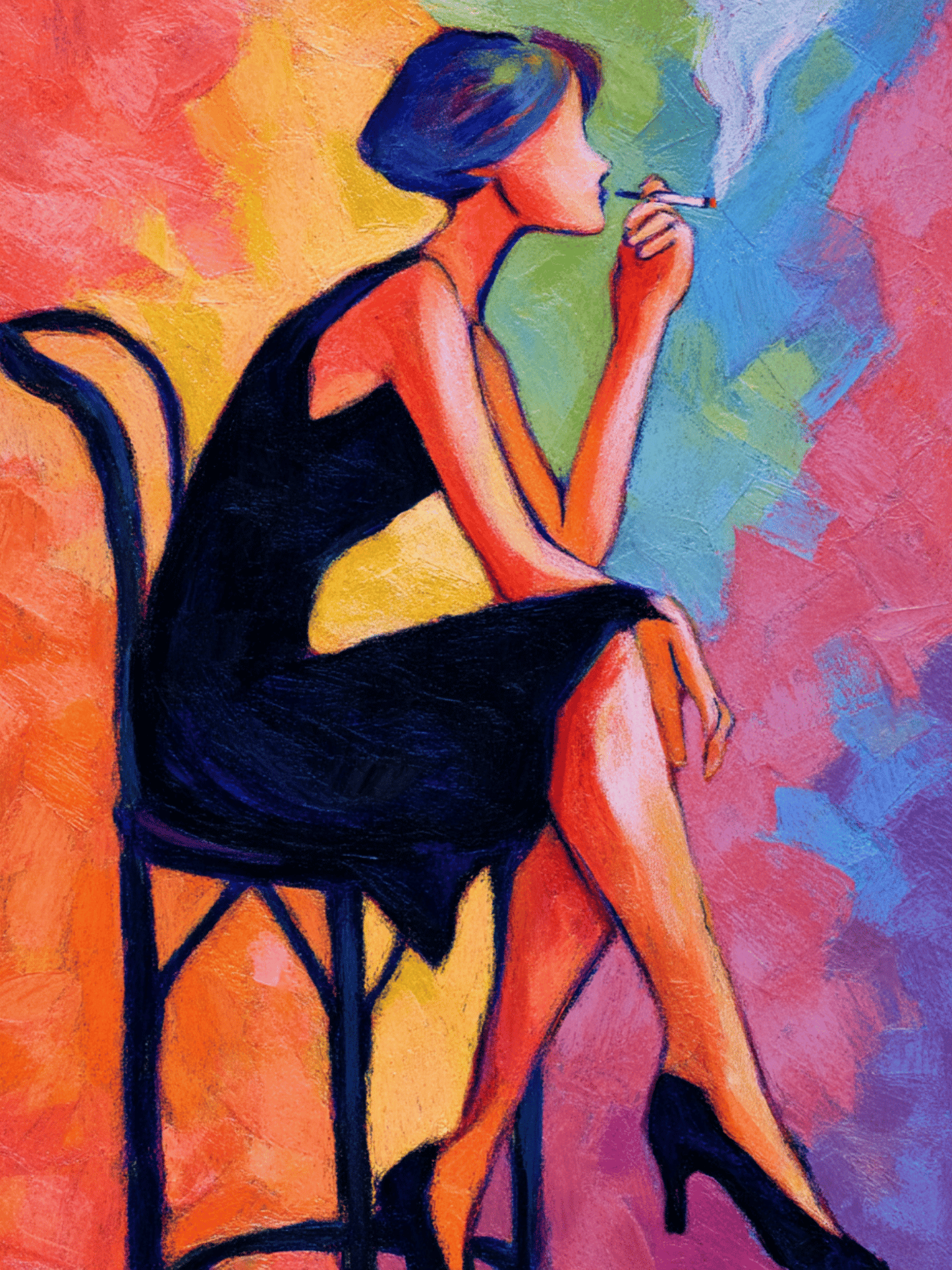 Woman in black dress smoking
