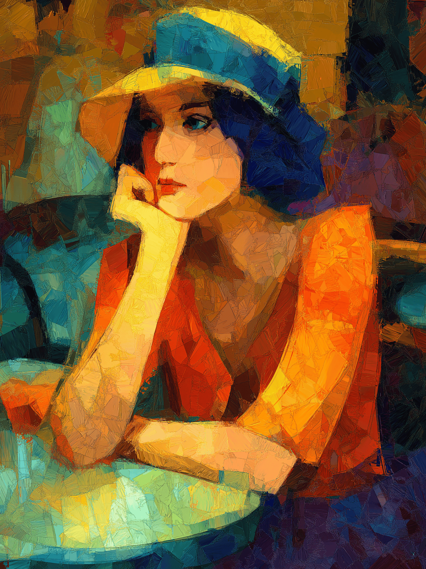 Woman in hat at café table