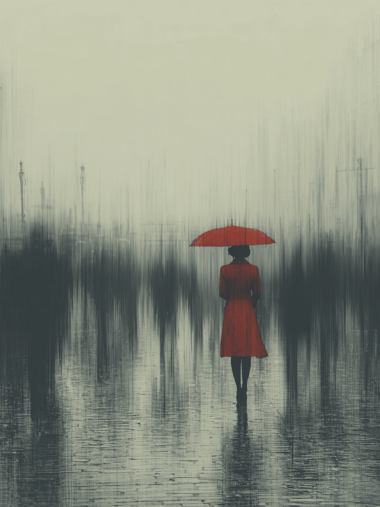 Woman in red coat walking through rainy abstract city
