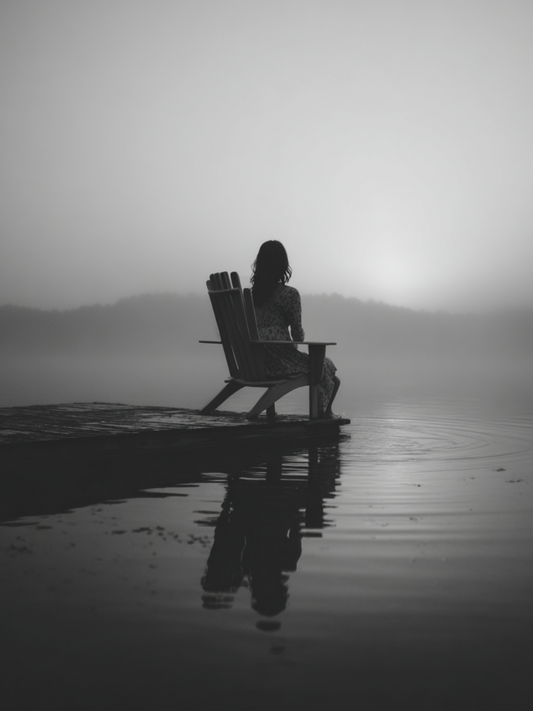 Woman sitting alone on dock in foggy lake sunrise